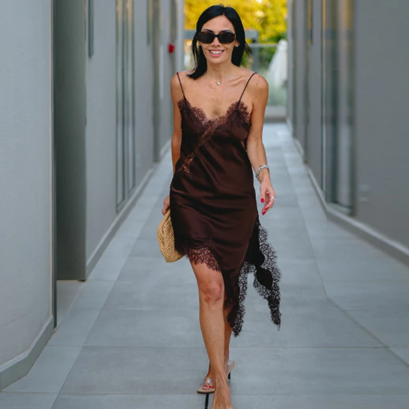 HXAO Womens Dresses Lace Asymmetric Slip Dress Summer 2026 Sexy Evening Dresses Ladies Mini Brown Sleeveless Backless Vestidos