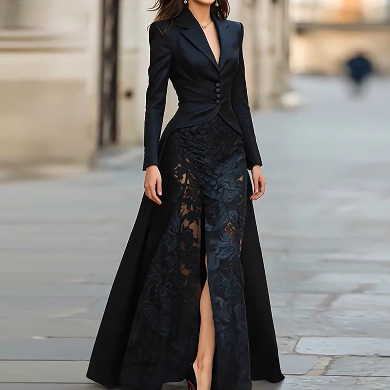 Elegant Solid Formal Occasion Outfit Autumn Women's Lapel Button Top and Skirt Two Piece Set Lace Patchwork Slim Fit Party Suit