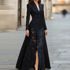 Elegant Solid Formal Occasion Outfit Autumn Women's Lapel Button Top and Skirt Two Piece Set Lace Patchwork Slim Fit Party Suit