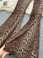 SINGREINY 2026 Newest Leopard 2pcs Suits Women Sexy Strap Tops+Elastic Waist Flared Pants American Ins Fashion Hotsweet Sets