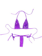 Womens Brazilian Micro Bikini Swimsuit Biquini Set Lacing Non-Padded Triangle Cup Bra Top with G-String Metallic Shiny Swimwear