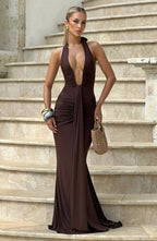 Sexy Deep V-neck Backless Halter Maxi Dresses Women's Sleeveless High Waist Bodycon Pleated Robe 2026 New Evening Party Gown