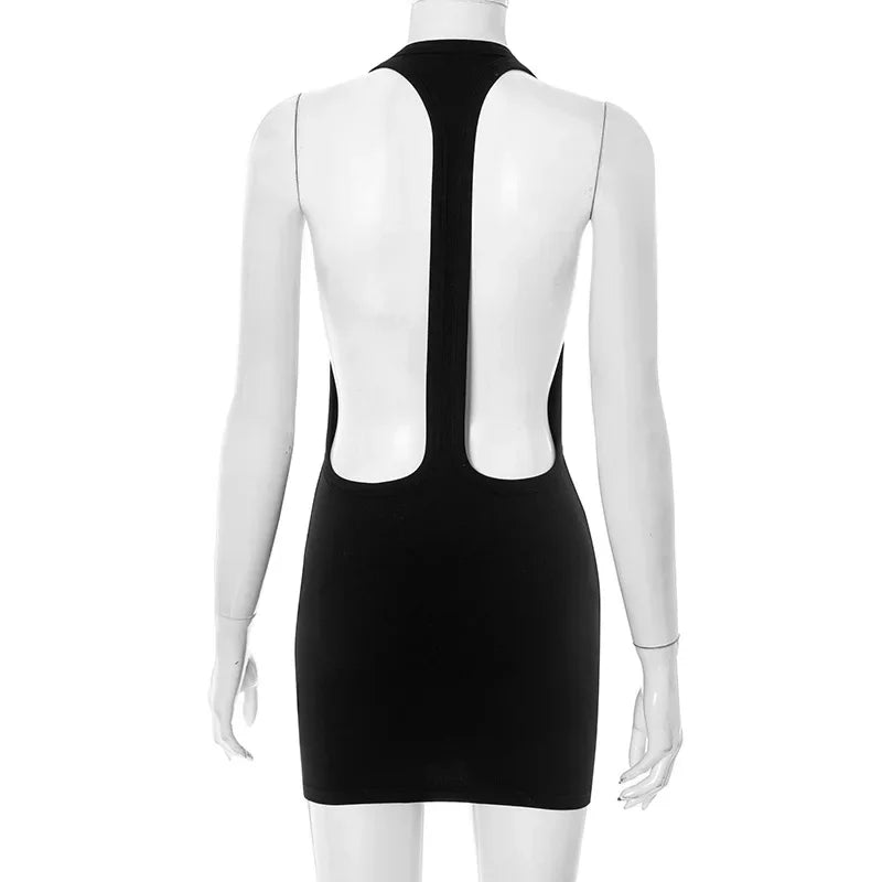 Woman Clothing Sleeveless Backless Solid Black Party Club Dress 2025 Summer Sexy Hollow Out Package Hip Mini Vacation Dresses