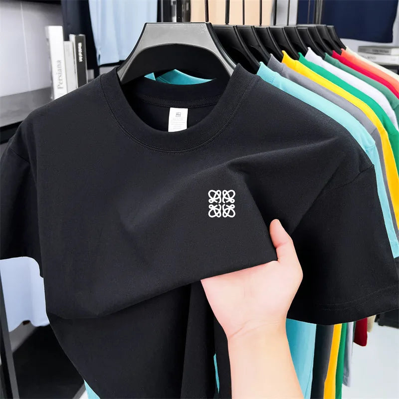 Summer Luxury 100%cotton Man Short-Sleeved T-Shirt Round Neck Delicate Embroidery Absorb Sweat Ventilate Leisure Men's Clothing