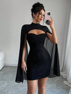 Sexy Women's Stand Collar Cape Mini Dress Sequins Sparkling Club Party Night Out Fitted Bodycon Elegant Autumn Winter 2026