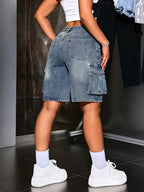 Women's Multi-Pocket Bermuda Blue Overalls