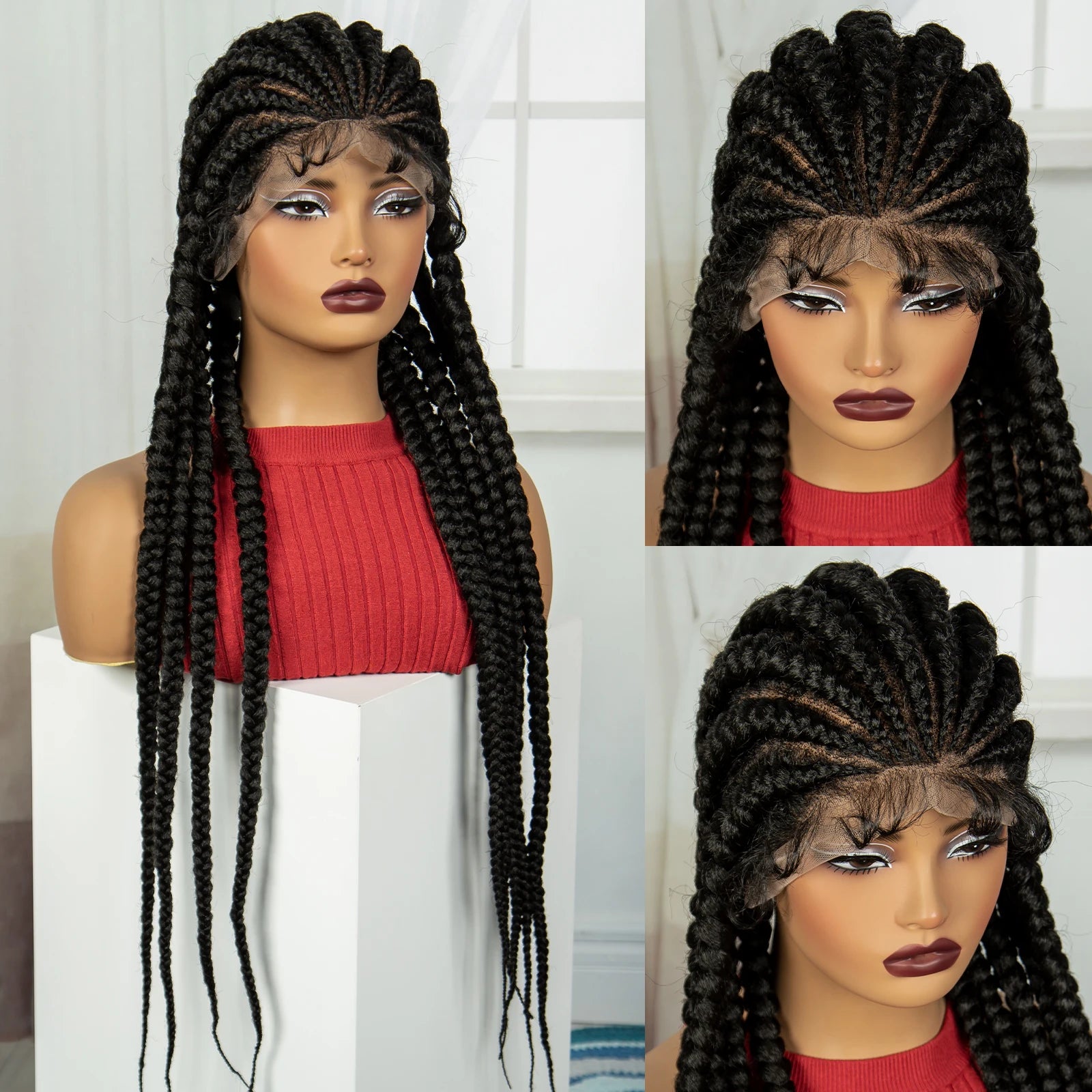 32INCH Cornrow Braided Wigs Synthetic Full Lace Braids Wig with Baby Hair Lace Frontal Knotless Braided Lace Wig for Black Women