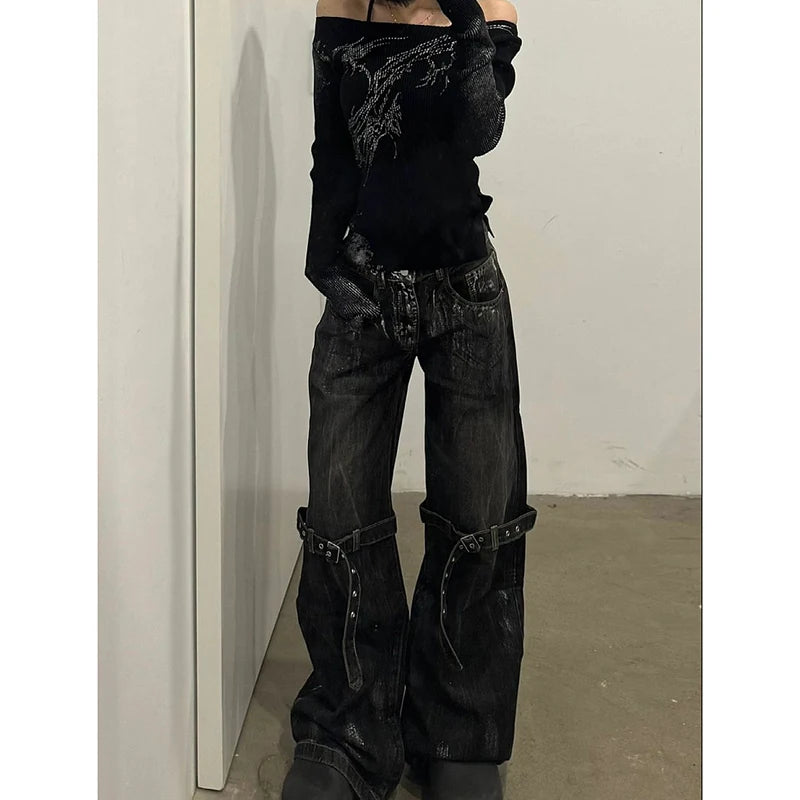 Black Women's Jeans High Waist Hip Hop Straight Fashion Pants Streetwear Harajuku Y2K Star 2024 Female Wide Leg Denim Trouser Secondary image