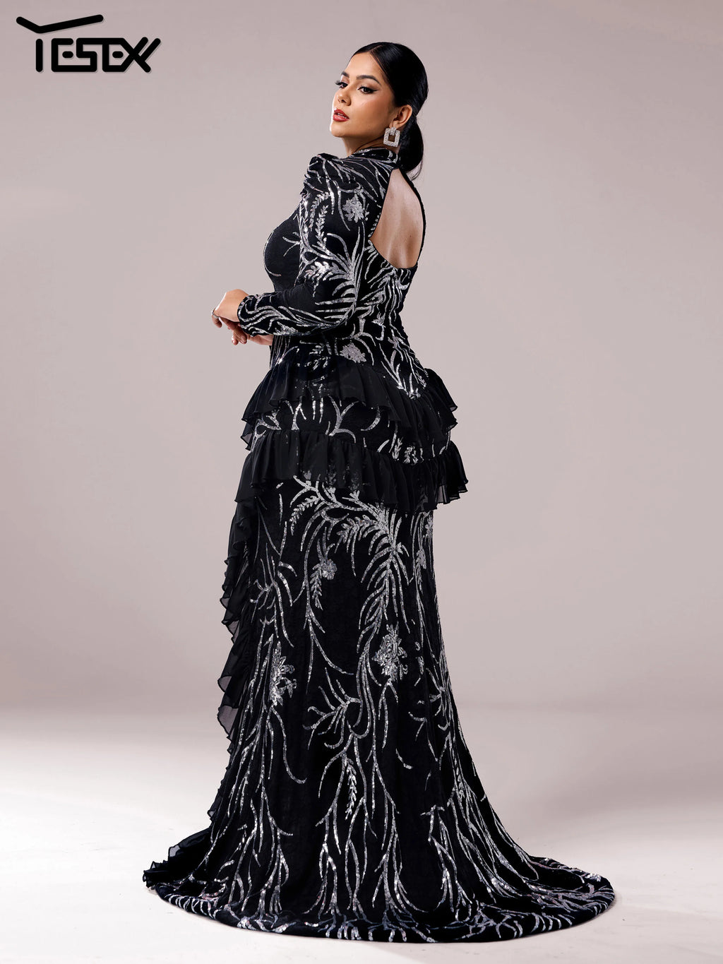 Yesexy Plus Size Elegant Beautiful Women Round Neck Long Sleeved Split Evening Gown Wedding Birthday Party Formal Occasion Dress