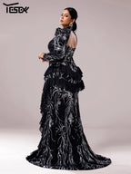 Yesexy Plus Size Elegant Beautiful Women Round Neck Long Sleeved Split Evening Gown Wedding Birthday Party Formal Occasion Dress
