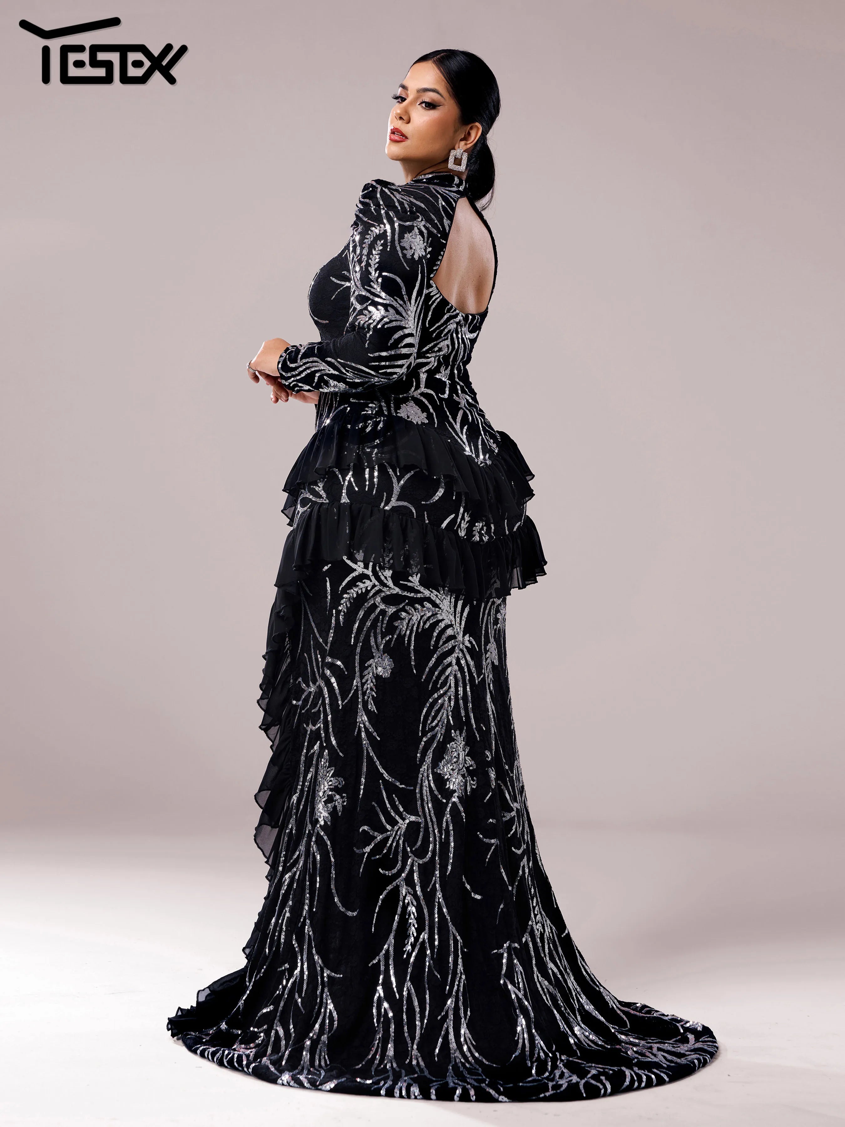 Yesexy Plus Size Elegant Beautiful Women Round Neck Long Sleeved Split Evening Gown Wedding Birthday Party Formal Occasion Dress