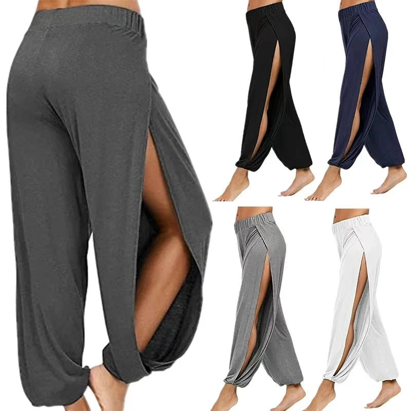 Women Fashion Yoga Pants High Waisted Slit Wide Leg Haren Pants Gym Leggings Casual Solid Hollow Workout Trousers Gym Home Wear Secondary image