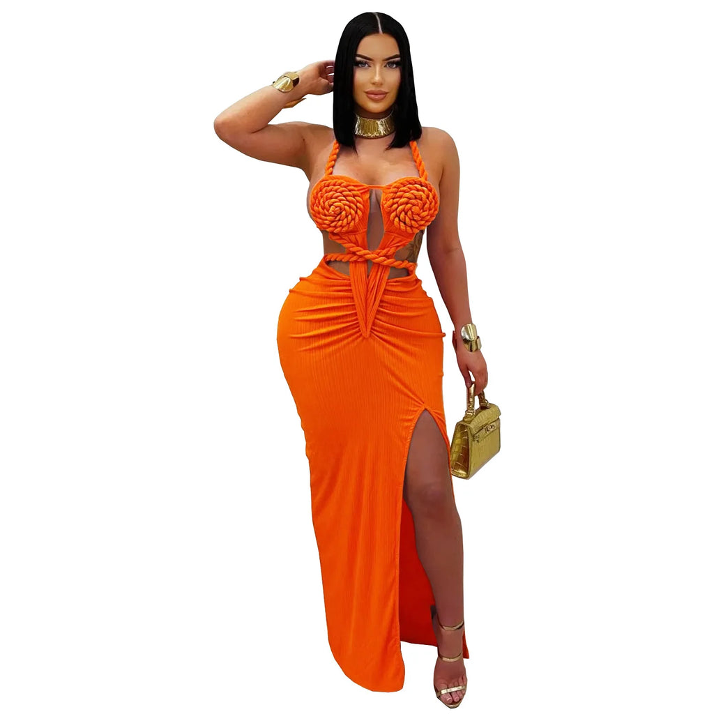 Women's Hollow Out Sleeveless Sexy Knitted Halter Neck Backless Solid Color Dress for Summer 2025