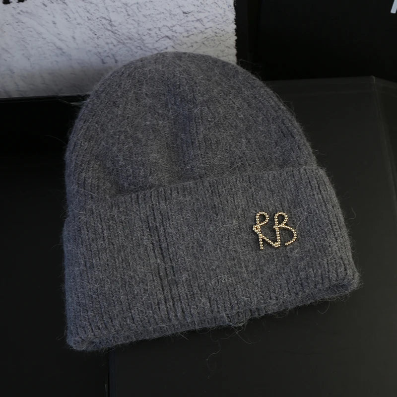 Letter Fluffy Angora Fur Beanies Winter Hat for Woman Luxury Fluffy Knited Hat Bonnet Lady Autumn Winter Warm Skullies Cap