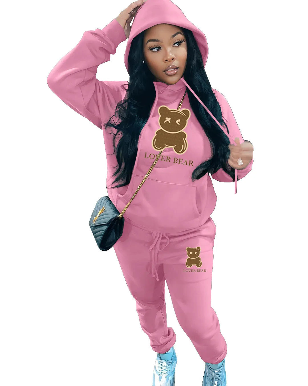 2 Piece Set Women Outfit Letter Bear Print Hooded Neck Hoodies Sweatshirt Pants Tracksuit 2024 Plus Size Streetwear Casual Suit