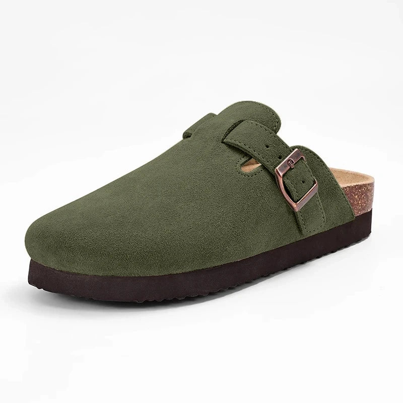 Comwarm Fashion Men's Suede Mules Slippers New Women Clogs Cork Insole Sandals With Arch Support Outdoor Beach Slides Home Shoes