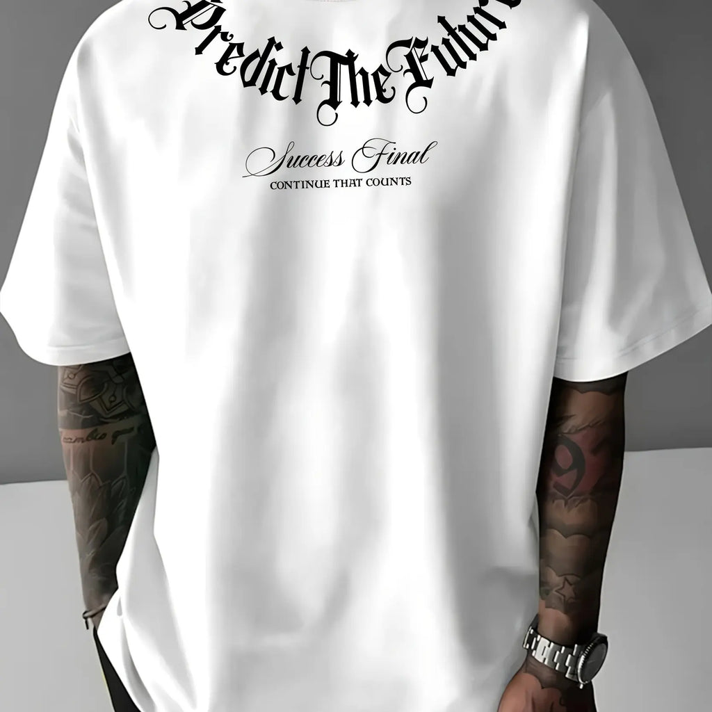 Summer men's 100% cotton comfortable casual wide plus size prediction for future letter printed round neck short sleeved T-shirt