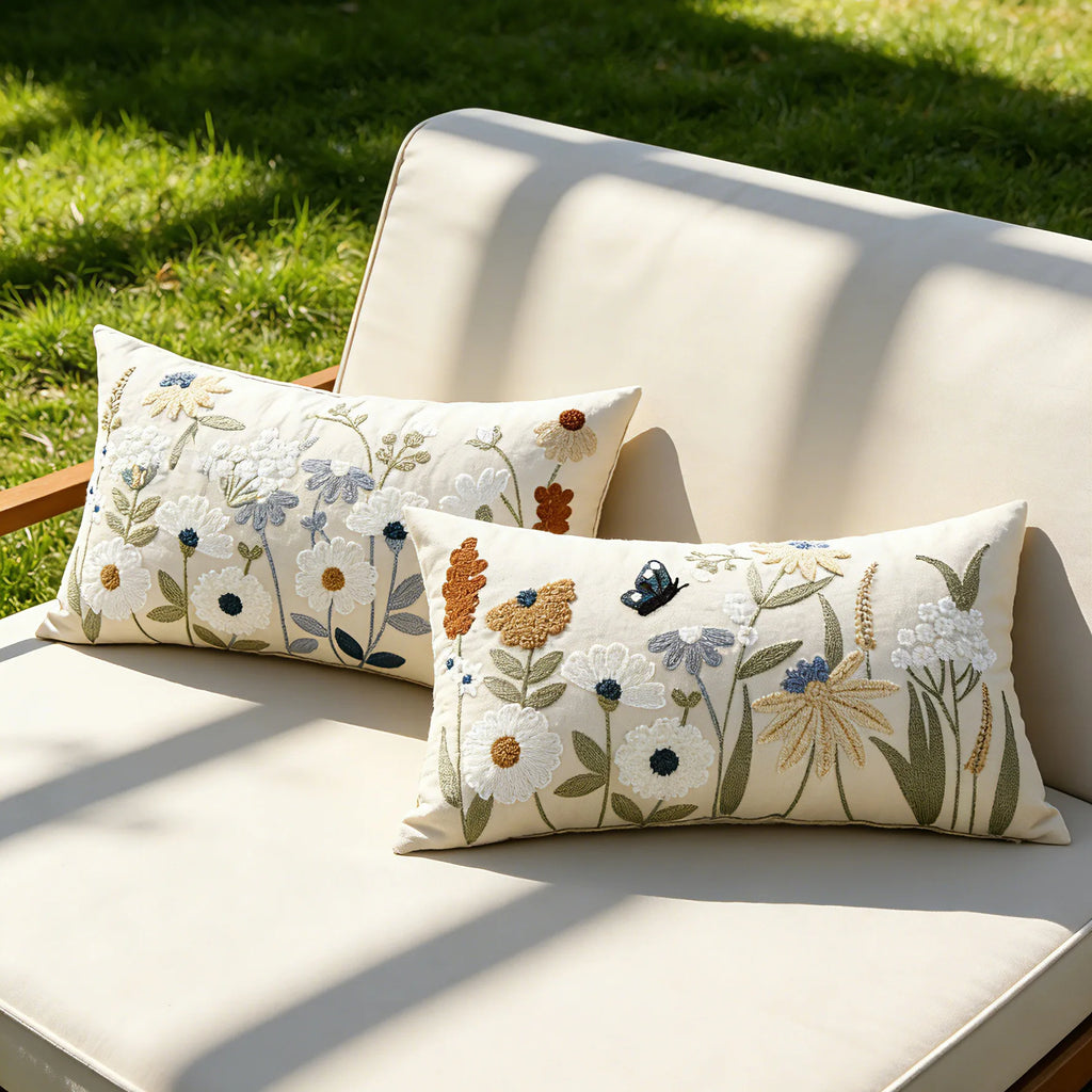 Spring Summer Floral Embroidered Decorative Throw Pillow Covers 12x20 Inch Farmhouse Beige Flowers Boho Cushion Case for Bedroom