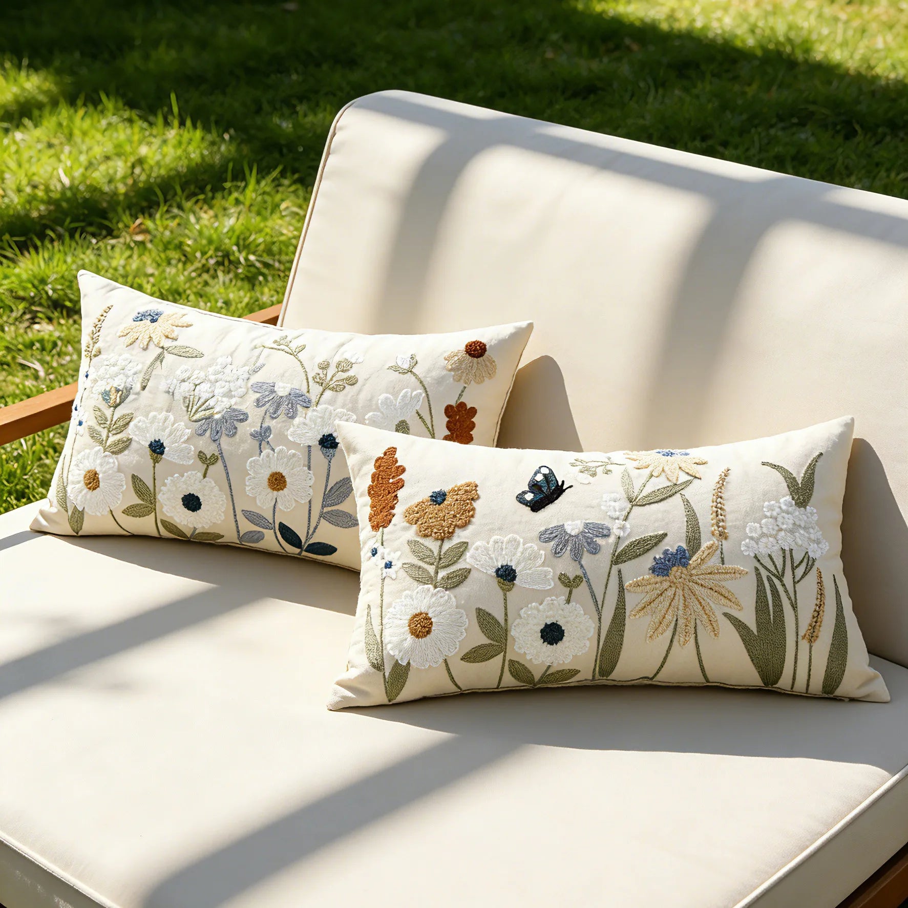 Spring Summer Floral Embroidered Decorative Throw Pillow Covers 12x20 Inch Farmhouse Beige Flowers Boho Cushion Case for Bedroom