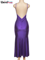 Weird Puss Sexy Backless Women Evening Maxi Dress Folds V-Neck Sleeveless Coquette Elegant Mermaid Matching Banquet Prom Bodycon