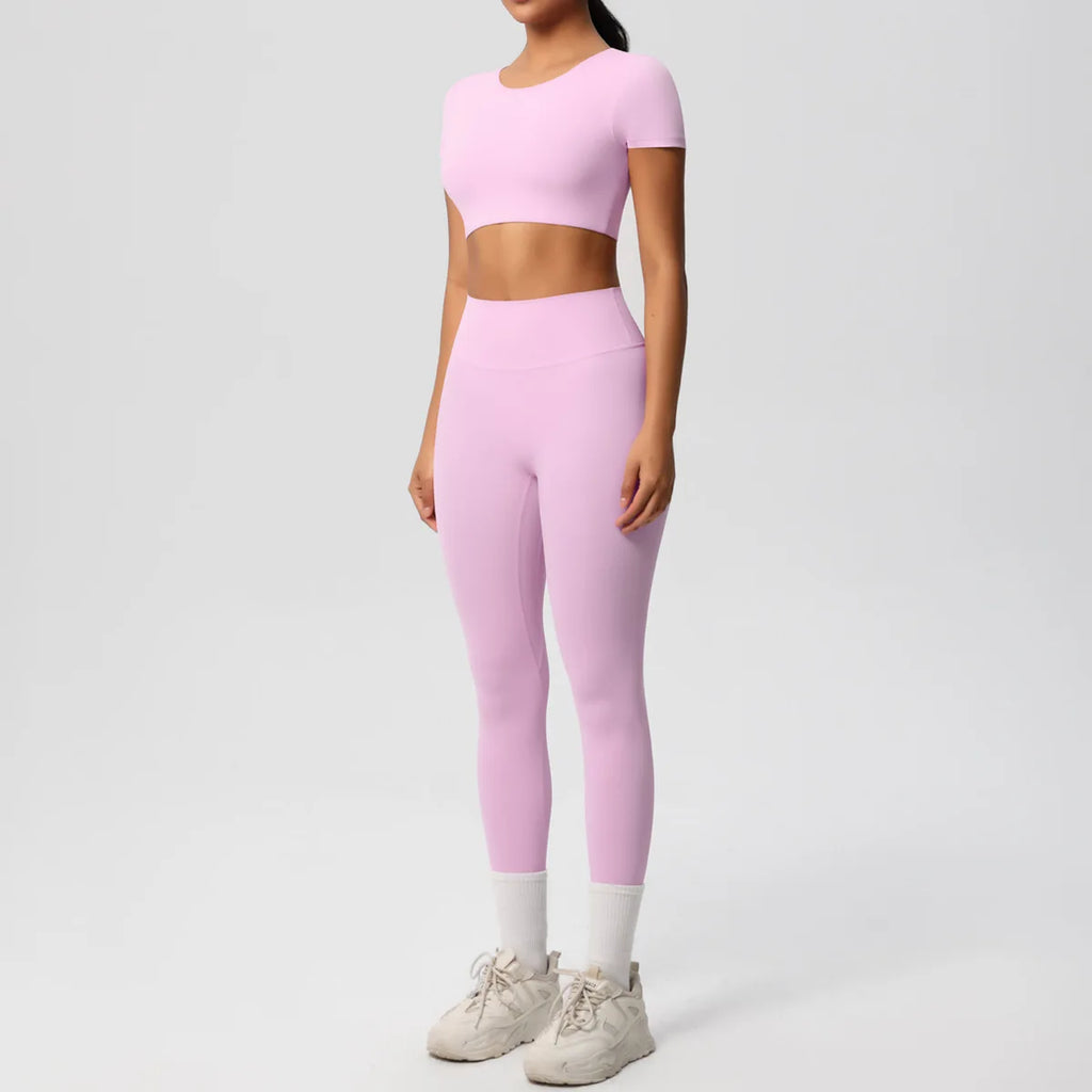 2PCS Woman Gym Sports Yoga Set Knitted Slim Workout Top Short Sleeve Quick Drying Legging Fitness Pants Running Sports Yoga Suit