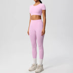 2PCS Woman Gym Sports Yoga Set Knitted Slim Workout Top Short Sleeve Quick Drying Legging Fitness Pants Running Sports Yoga Suit