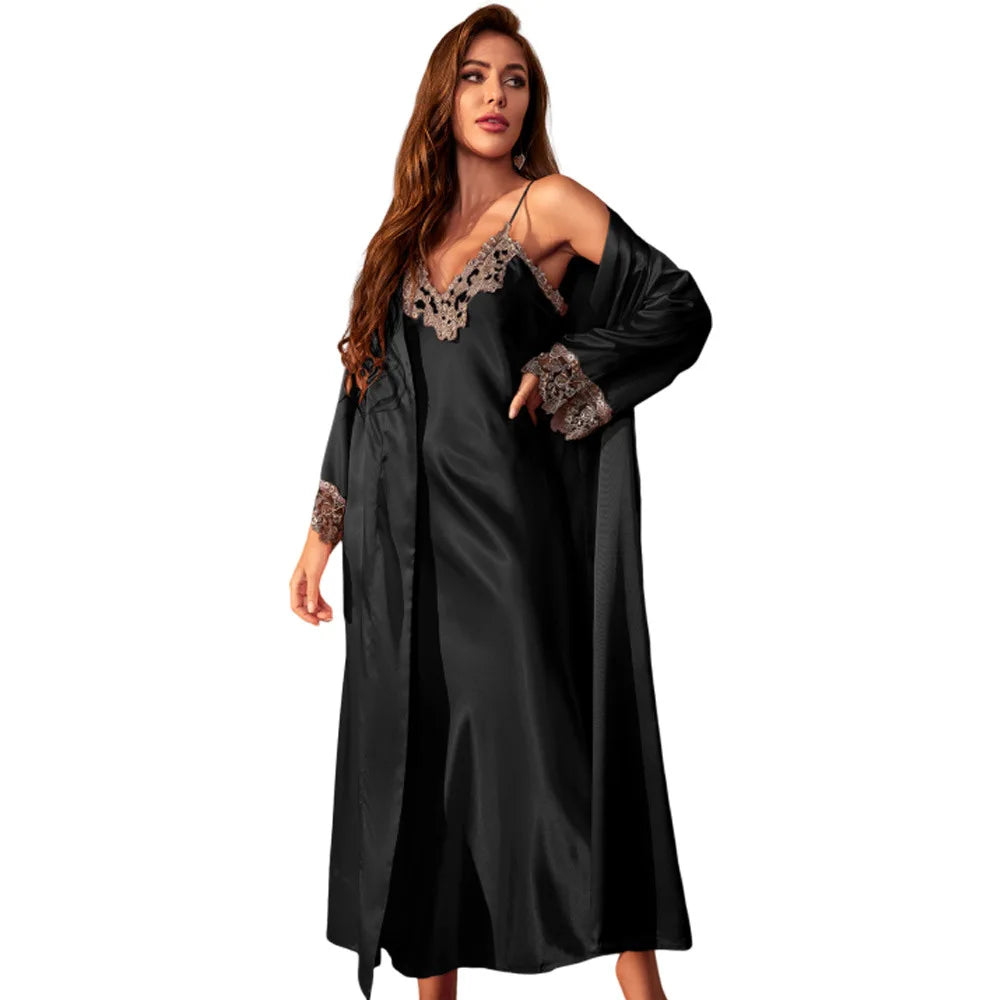 Female Long Twinset Robe Set Nightgown Spring Summer Kimono Bathrobe Gown Sexy Lace Trim Nightdress Satin Home Wear Loungewear Secondary image