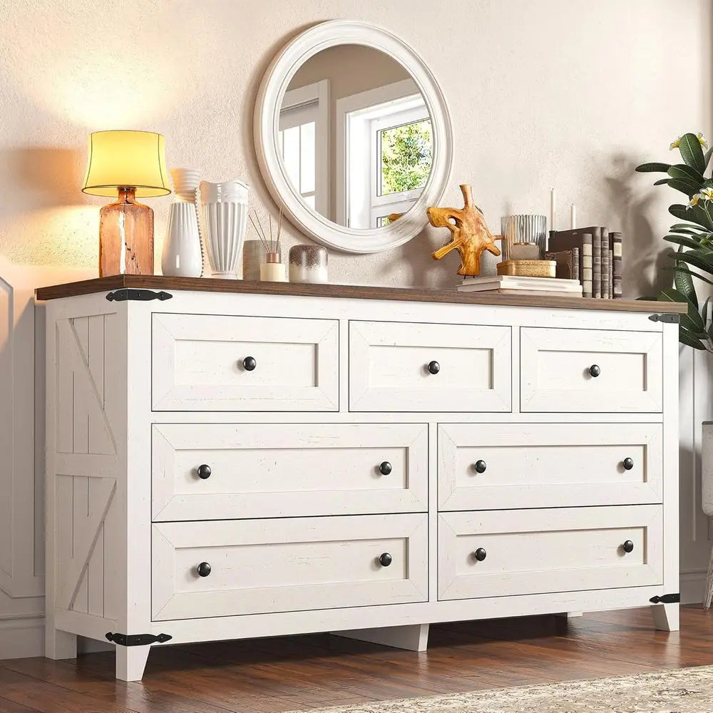 Drer or Bedroom with 7 Ders White Drer with Smooth Metal Rail TV Stand or Bedroom, Hallway, 15" D x 51.2" W x 31.5" H, Antique W Main image