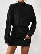 Women's Autumn Winter Fashion High Neck Knitted Sweater Dress Female Casual Solid Loose Long Sleeve Warm Mid Length Dresses