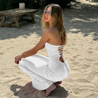 Hugcitar Elegant Women Solid Strapless Backless Bandage Sexy Bodycon Maxi Dress Summer Women Y2K Clothes Beach Vacation Party