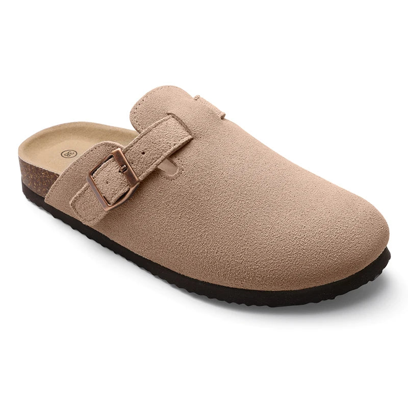 Kidmi Men's Suede Clogs Cork Footbed Clogs for Women Soft Leather Adjustable Buckle Slip-on Potato Shoes Sandals Beach Slippers