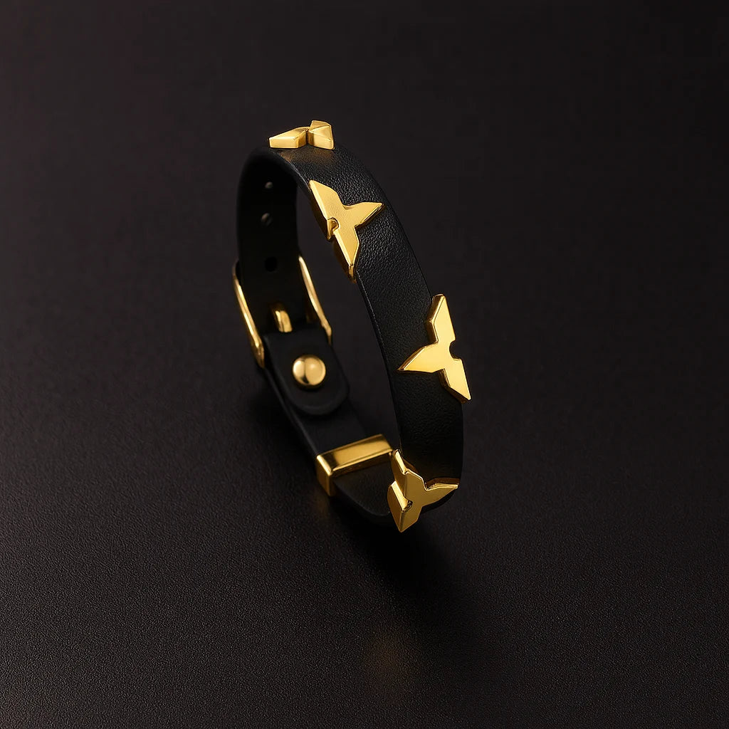 Fashion Leather Bracelet for Women Men with Gold Tone Butterfly Studs, Adjustable Wristband, 6 Colors Available, Trendy Gift Main image
