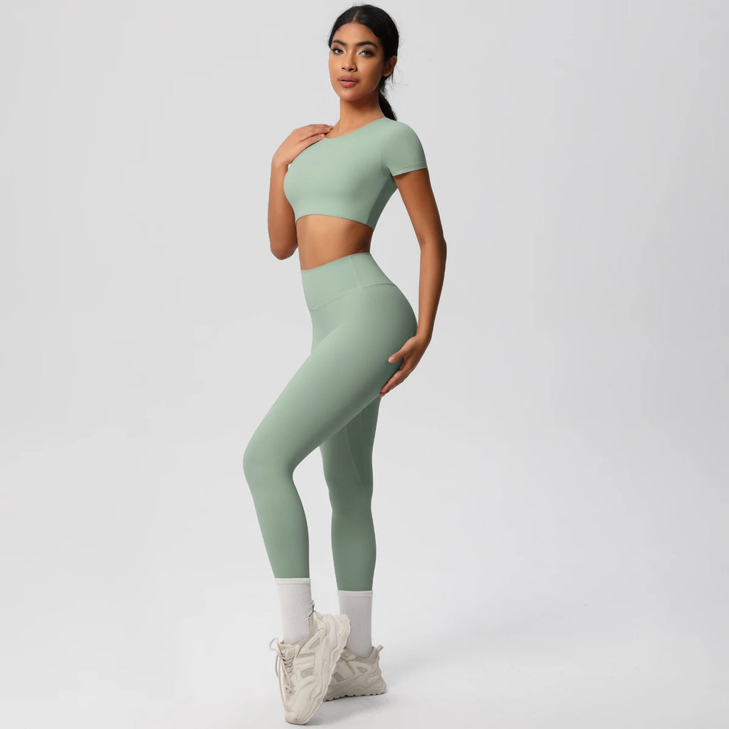 2PCS Woman Gym Sports Yoga Set Knitted Slim Workout Top Short Sleeve Quick Drying Legging Fitness Pants Running Sports Yoga Suit