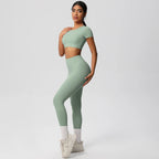 2PCS Woman Gym Sports Yoga Set Knitted Slim Workout Top Short Sleeve Quick Drying Legging Fitness Pants Running Sports Yoga Suit