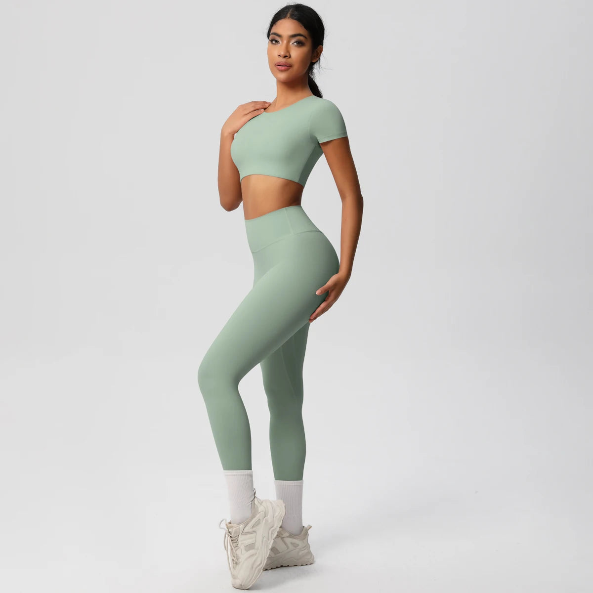 2PCS Woman Gym Sports Yoga Set Knitted Slim Workout Top Short Sleeve Quick Drying Legging Fitness Pants Running Sports Yoga Suit