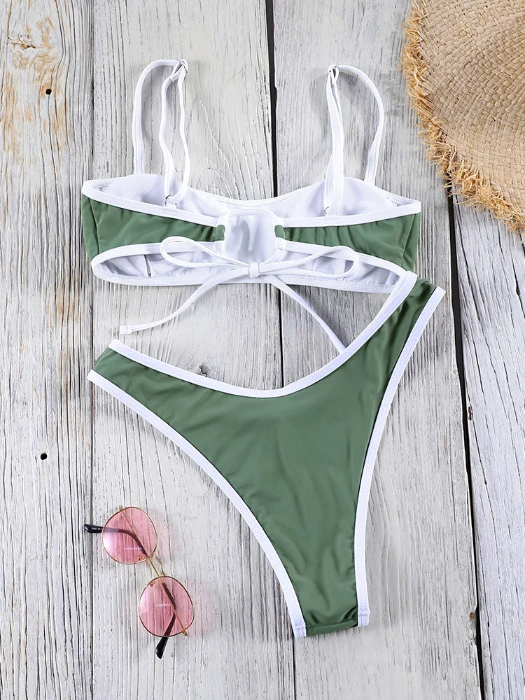 Bandeau Bikini 2025 Halter Bordered Swimsuits Women Bandage Swimwear Green Bathing Suit Sexy Biquini Mujer Low Waist Beach Wear Secondary image