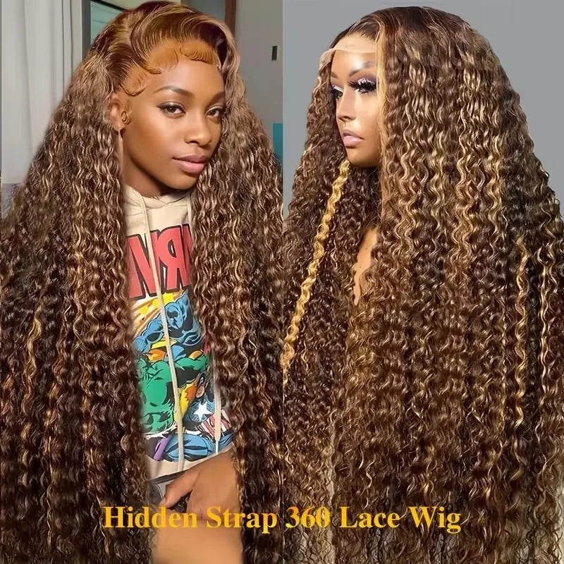 250Density Deep Wave Human Hair Wig 360 Full Lace Front with Hidden Strap 4/27 Blonde Highlights Pre Plucked Brazilian Curly Wig