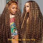 250Density Deep Wave Human Hair Wig 360 Full Lace Front with Hidden Strap 4/27 Blonde Highlights Pre Plucked Brazilian Curly Wig