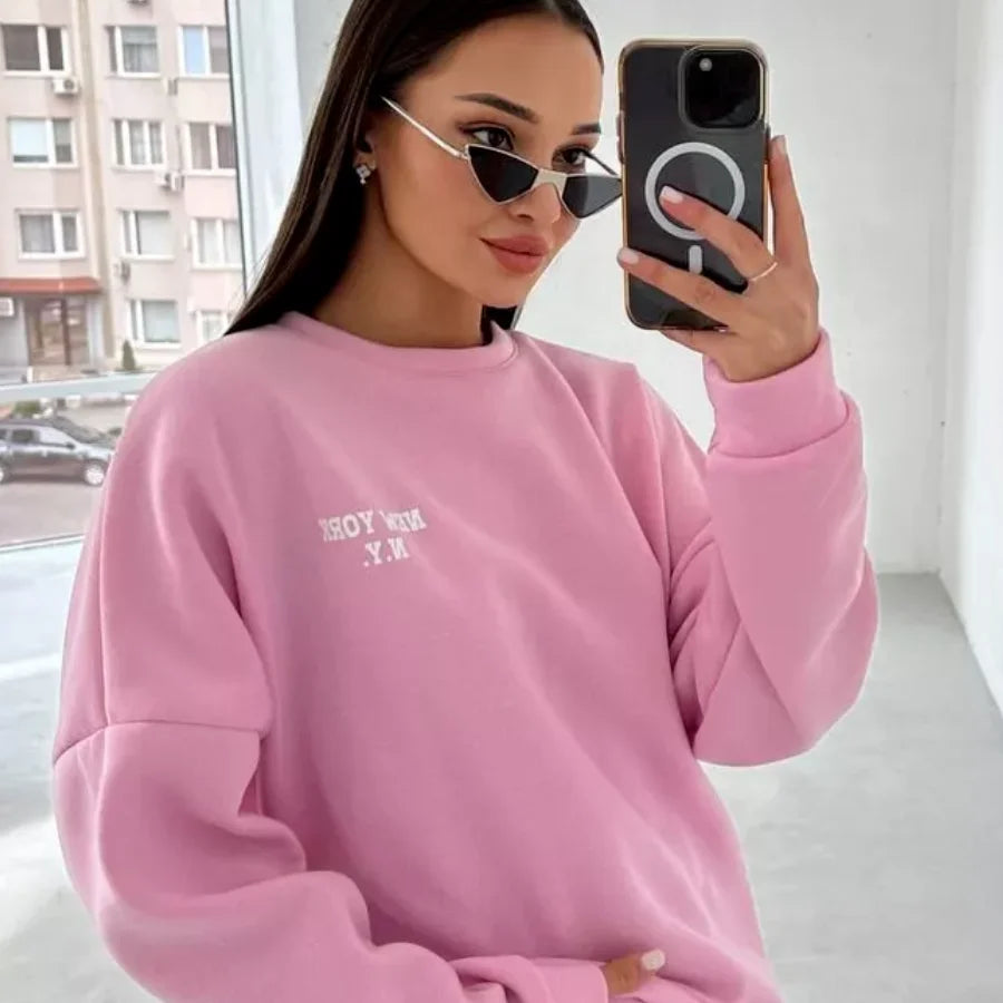 Popular Letter Printing Autumn Winter Loose Versatile Temperament Lazy Style Casual Round Neck Sweatshirt for Women