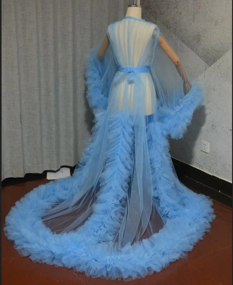 Women's Dressing Gown Perspective Sheer Long Tulle Robe Puffy Pregnancy Maternity Dress for Baby Shower Nightgown Sleepwear