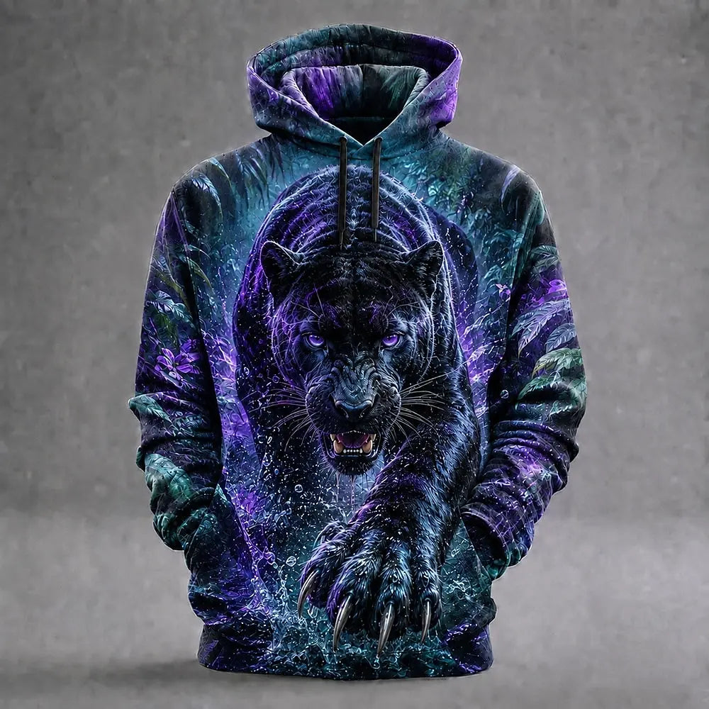 Men's Wolf 3D Printed Hoodie, Fierce Animal Graphic Hooded Sweatshirt, Long Sleeve Casual Streetwear Pullover Tops