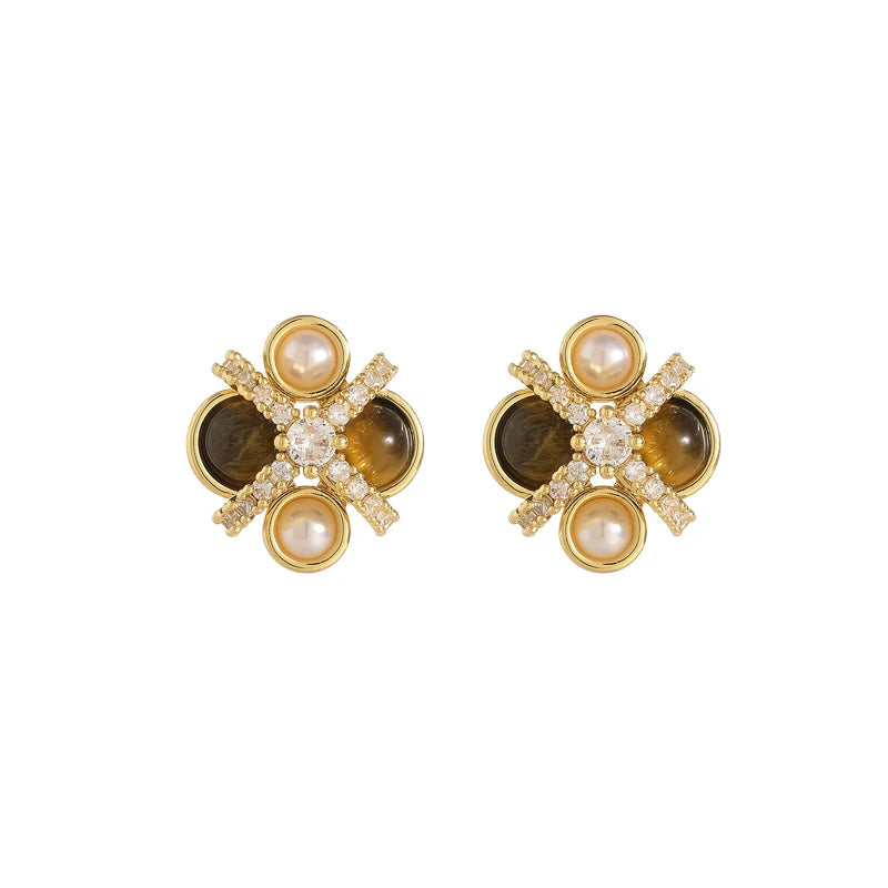 2026 New Design Natural Tiger Eye Stone Micro inlaid Zircon Geometric Earrings for Women's Trendy Jewelry Luxury Accessories