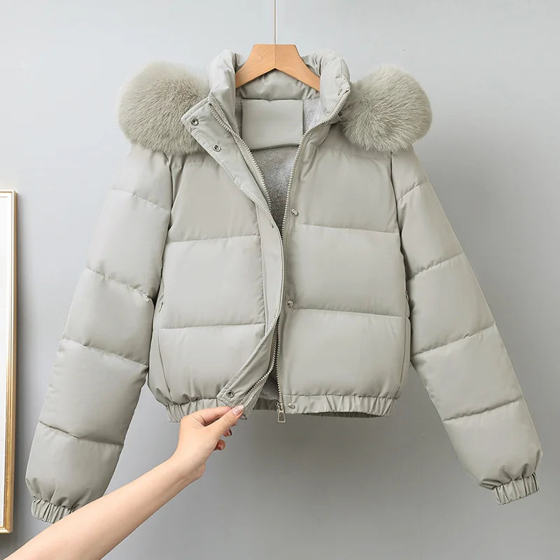 Winter Short Parkas Women's Cotton-padded Clothes Add Velvet Thicken Outerwear Fur Collar Removable Hooded Coats Warm Jackets