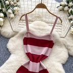 2025 & 2026 Lady New Stripes Ins Fashion Sexy Package Hips Bodycon Dress  Summer Knitted Spaghetti Straps Outfits Maxi Long Women Dress
