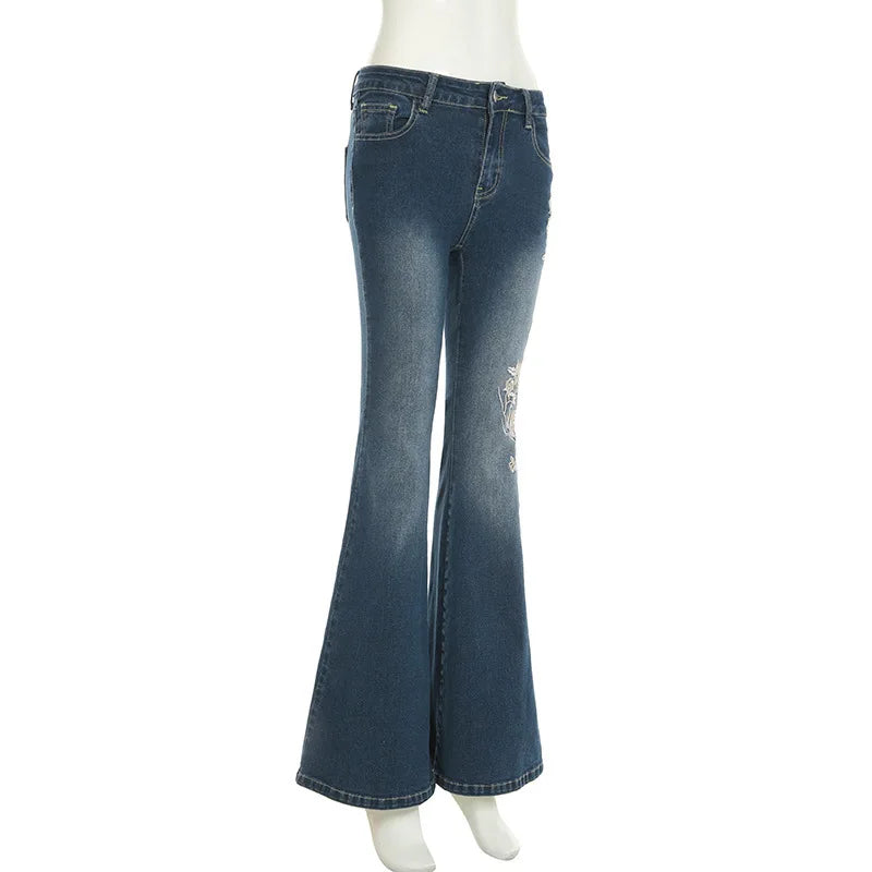 Flare Pants Jeans Women Embroidery Boot Cut Low Waist Washed Distressed Pockets Floor Length Streetwear 2025 Denim Trousers