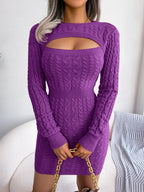 VigoCasey 2026 Blue Casual Short Knit Dress Autumn Winter Women Long Sleeve Dress Sexy Lady Solid Hollow Bodycon Knitted Dresses