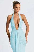 Deep V Neck Draped Ruched Sexy Maxi Dress Women Summer Fashion Halter Sleeveless Backless Club Party Long Dress Elegant BM98