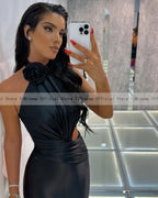 Black Mermaid Prom Dresses for Women O Neck Sleeveless Sweep Train Cutaway Sides 3D Floral Pleats Evening Party Gowns Customized