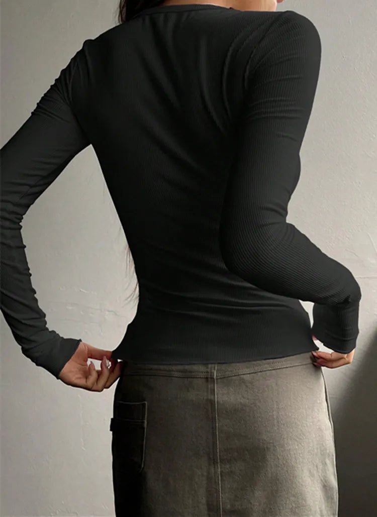 Women Fall Spring Top O Neck Button Long Sleeve Shirts Solid Color Slim Fit Pullover T-shirt Blouse Simple Style Lady Costume