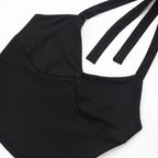 Women Solid Sexy 2 Piece Set Summer Tracksuits Lace Up Halter Backless Tank Crop Tops + Skinny Knee Length Pants Fitness Suits